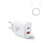 Preview: Joyroom 20W USB-C + USB-A Schnell Dual Netz-Ladegerät, inkl. USB-C z Lightning Kabel 1m, weiss