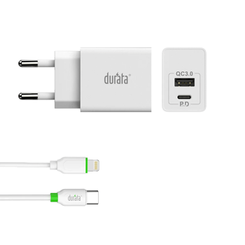 Durata Schnelladegerät PD zu Lightning + USB-A 20W DR90A, weiß