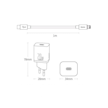 Baseus Super Si 1C Schnellladegerät USB-C 20W Power Delivery + USB Typ-C zu Lightning 1m weiss