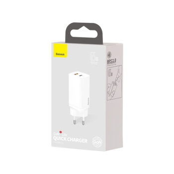 Baseus GaN2 Lite Fast 65W USB / USB Type-C Quick Charge 3.0 Power Delivery (Galliumnitrid), weiss