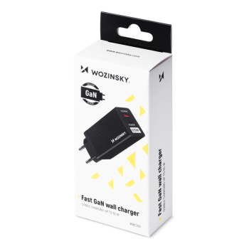 Wozinsky 65W GaN-Ladegerät USB-A + USB-C Anschluss unterstützt QC 3.0 PD schwarz