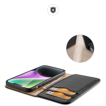 Dux Ducis Hivo RFID-Schutz Natur-Leder Flip-Wallet für iPhone 15, schwarz