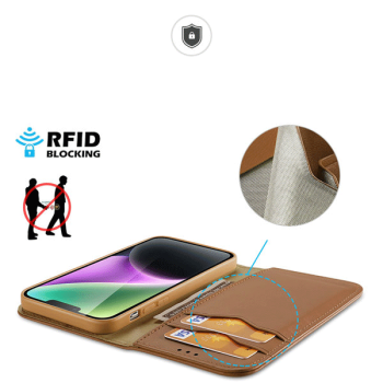 Dux Ducis Hivo RFID-Schutz Natur-Leder Flip-Wallet für iPhone 15, braun