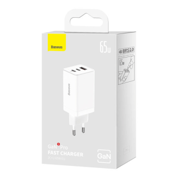 Baseus GaN 2x USB-C 1x USB-A 65W Schnellladegerät GaN5 Pro + USB-C zu USB-C 100W Ladekabel, weiss