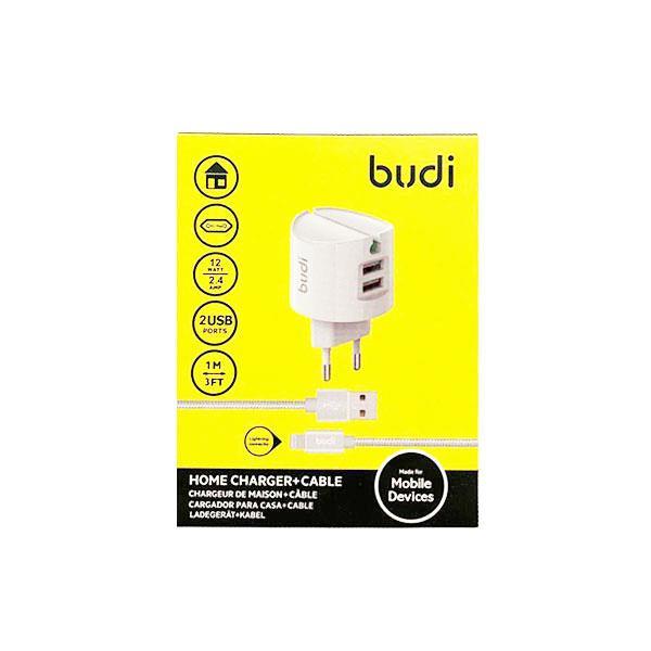 Budi DUAL USB-Port Netz-Ladegerät inkl. Lightning Textil Kabel weiß