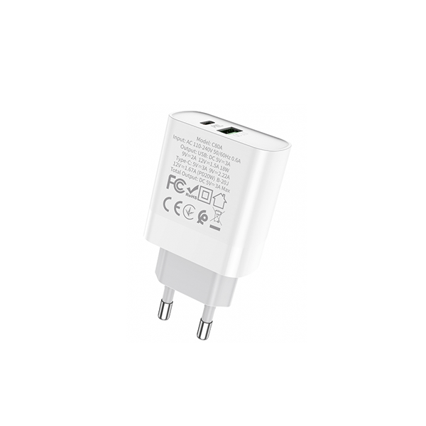 HOCO C80A Intelligent Balance Qualcomm (Type-C + USB A) Schnellladegerät PD 20W/QC3.0, weiß