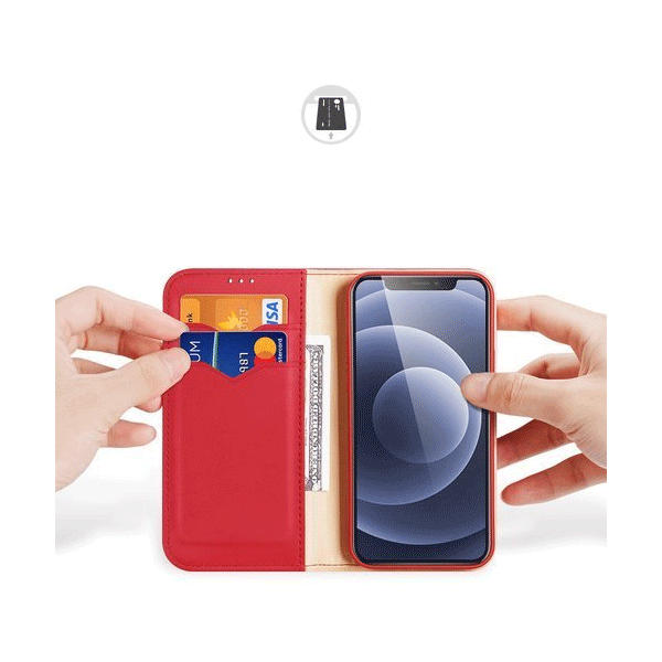 Dux Ducis Hivo Echtleder Flip Wallet mit Kartenfach für Apple iPhone 13 mini, Rot