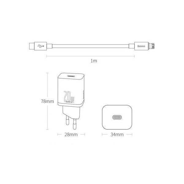 Baseus Super Si 1C Schnellladegerät USB-C 20W Power Delivery + USB Typ-C zu Lightning 1m schwarz