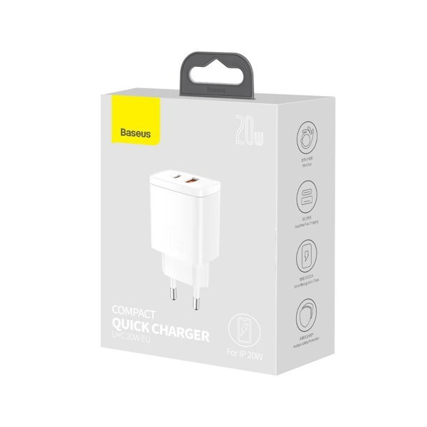 Baseus Compact Fast USB-A + USB-C Ladegerät 20W 3A Power Delivery Quick Charge 3.0 weiss