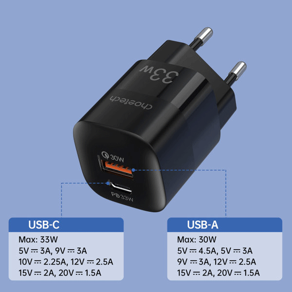 Choetech Schnellladegerät USB-Netz-Adapter USB-A + USB-C PD QC 33W schwarz (PD5006)