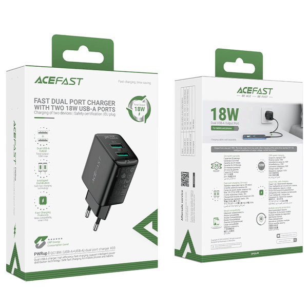 Acefast Ladegerät 2 x USB-A 18W QC 3.0, AFC, FCP schwarz (A33)