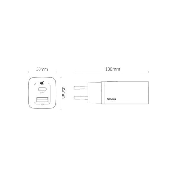 Baseus GaN2 Lite Fast 65W USB / USB Type-C Quick Charge 3.0 Power Delivery (Galliumnitrid), schwarz