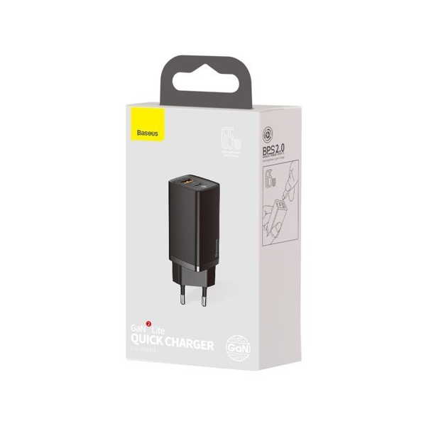 Baseus GaN2 Lite Fast 65W USB / USB Type-C Quick Charge 3.0 Power Delivery (Galliumnitrid), schwarz