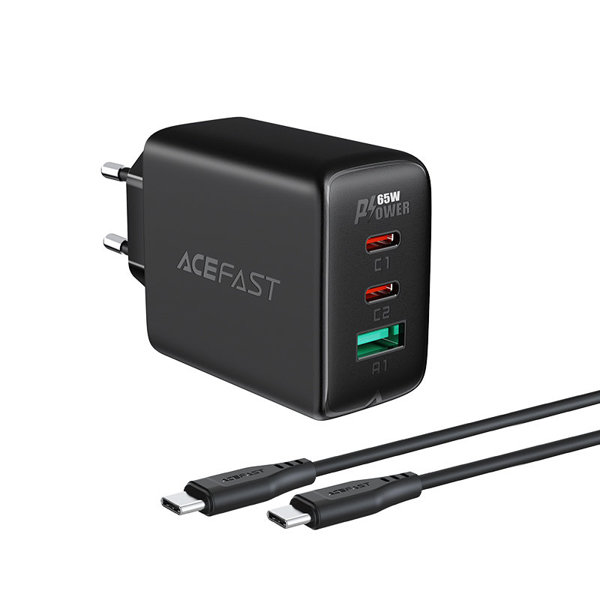 Acefast 2in1 Ladegerät 2 x USB Type-C / USB 65W, PD, QC 3.0, AFC, FCP (inkl. Kabel) schwarz