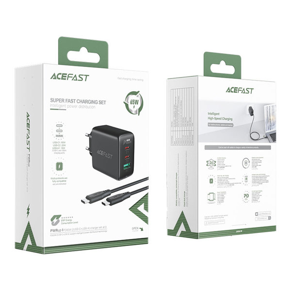 Acefast 2in1 Ladegerät 2 x USB Type-C / USB 65W, PD, QC 3.0, AFC, FCP (inkl. Kabel) schwarz