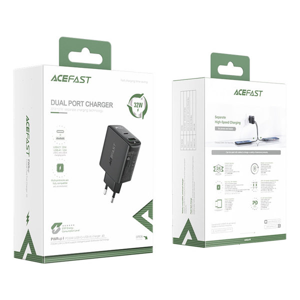 Acefast Netz-Ladegerät USB Typ C / USB 32W, PPS, PD, QC 3.0, AFC, FCP schwarz (A5 schwarz)