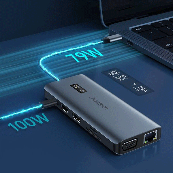 Choetech multifunktion HUB mit Display 12in1 USB-C auf USB-C, USB-A, HDMI, VGA, AUX, SD,TF grau