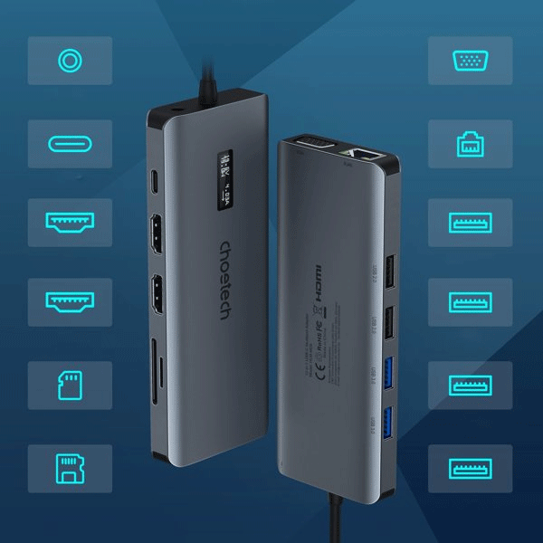 Choetech multifunktion HUB mit Display 12in1 USB-C auf USB-C, USB-A, HDMI, VGA, AUX, SD,TF grau