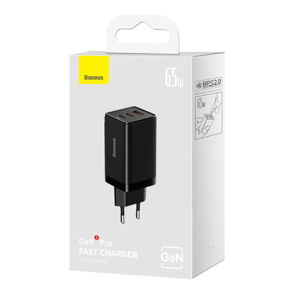 Baseus GaN 2x USB-C 1x USB-A 65W Schnellladegerät GaN5 Pro + USB-C zu USB-C 100W Ladekabel, weiss