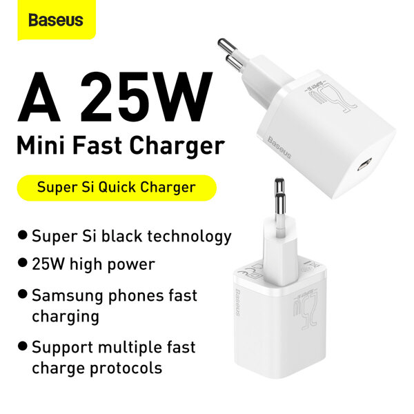 Baseus Super Si mini Schnellladegerät 1C 25W inkl. Kabel (1m) Typ-C zu Typ-C 3A weiß (TZCCSUP-L02)