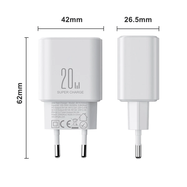 Joyroom 20W USB-C + USB-A Schnell Dual Netz-Ladegerät, inkl. USB-C z Lightning Kabel 1m, weiss